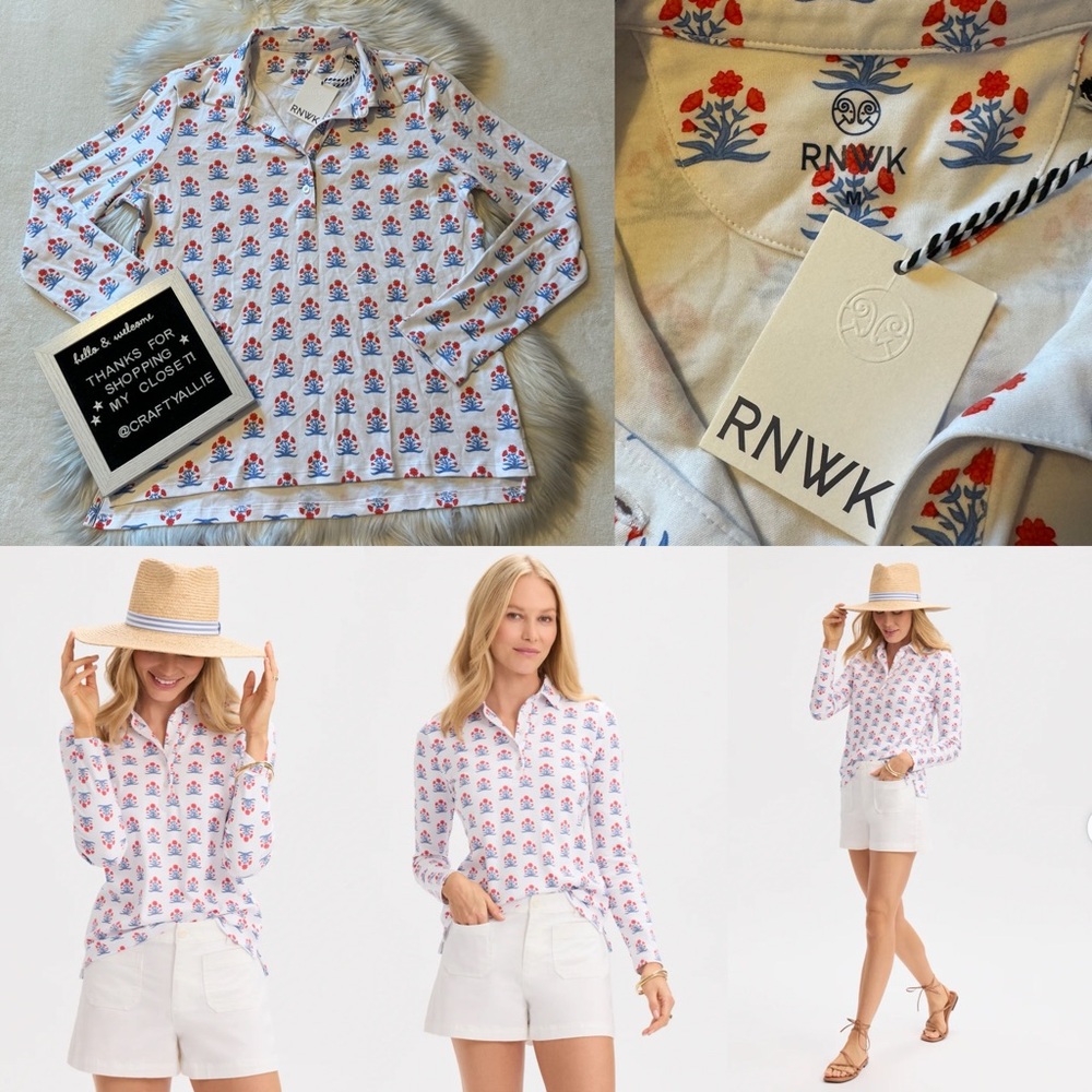 RNWk Floral-Print Long-Sleeve Women's Top in White and Red-Blue